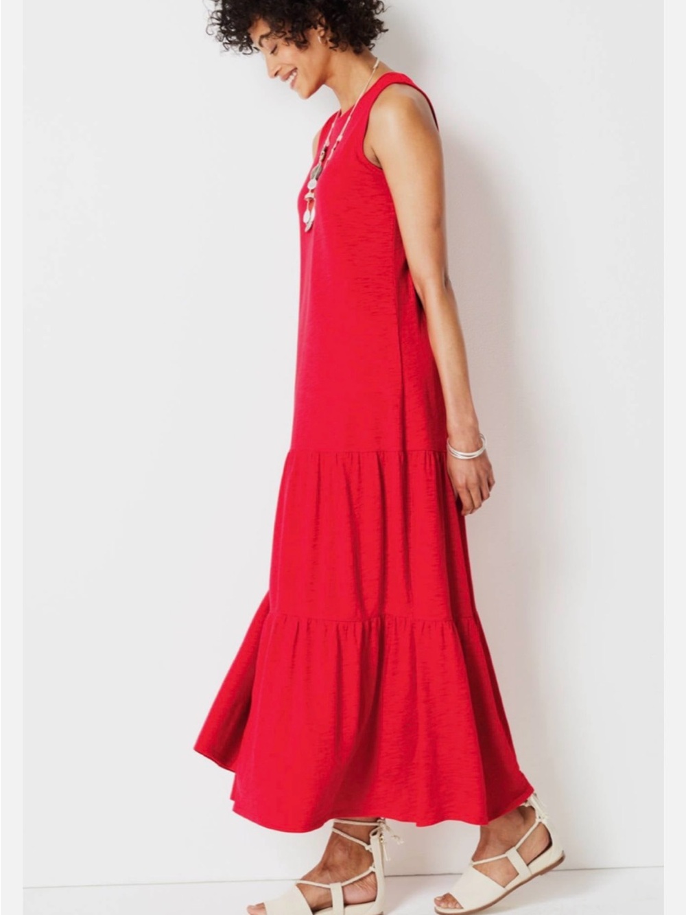 J Jill Women’s Medium Tiered Rich Bold Red Midi Dress Lagenlook USA Modal Blend